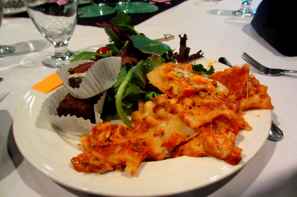 First-class meal - lasagna , salad, and soup